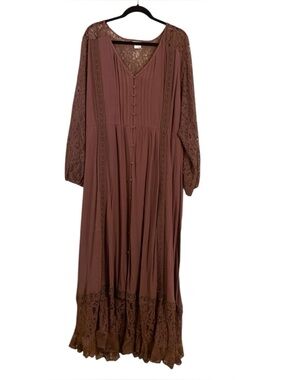City Chic Plus Size 22 Brown Lace Long Sleeve Maxi W/ Tie Waist Boho Lined